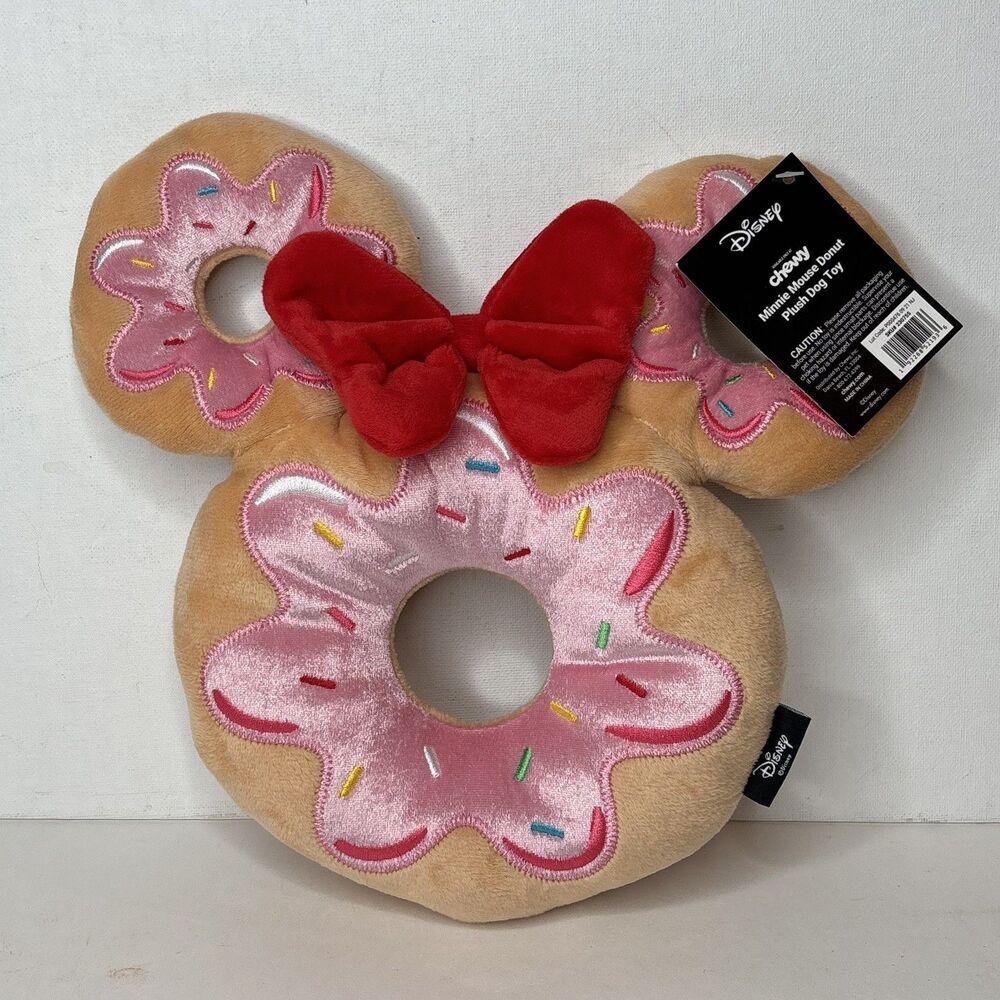 Disney Chewy Minnie Mouse Ears Donut Plush Squeaky Dog Puppy Toy 10.5” ~ NEW